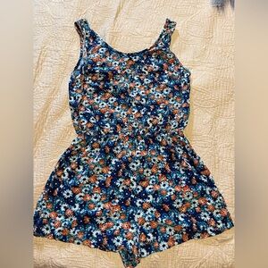 Timing Navy Floral Woman Romper with Orange & White Blooms